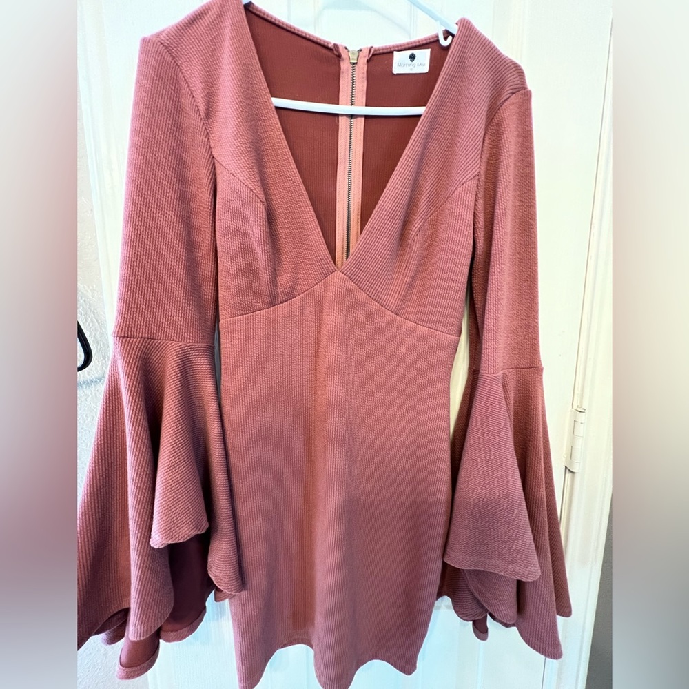 Morning Mist Mauve Deep V-Neck Long Sleeve Mini Dress, Size 10